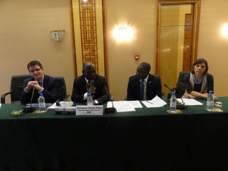 Photo, de gauche à droite : Didier Cornillet, Secrétaire Général du CREDAF depuis 2013 ; Dieudonné Lokadi Moga, Président du CREDAF (2015) ; Njoya Tikum, Conseiller au Centre régional du PNUD pour l’Afrique à Addis-Abeba ; et Laurence Jacquet, Coordinatrice du Pôle, à Dakar le 22/02/2016.